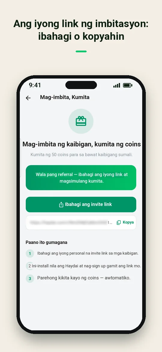 Ang iyong link ng imbitasyon: ibahagi o kopyahin — Haydai