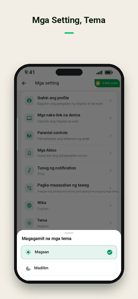 Mga Setting, Tema — Haydai