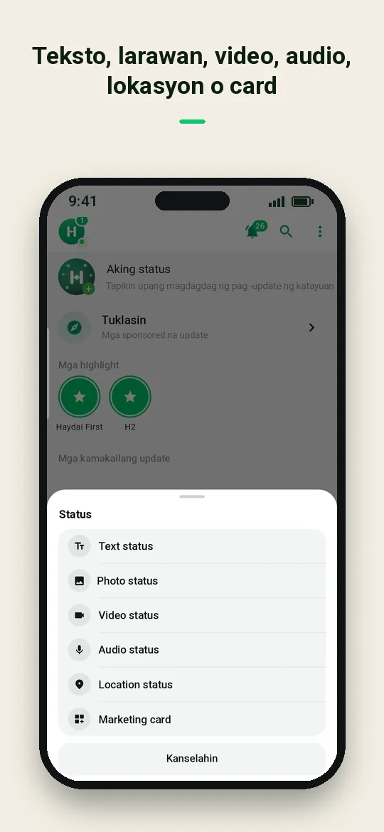 Teksto, larawan, video, audio, lokasyon o card — Haydai