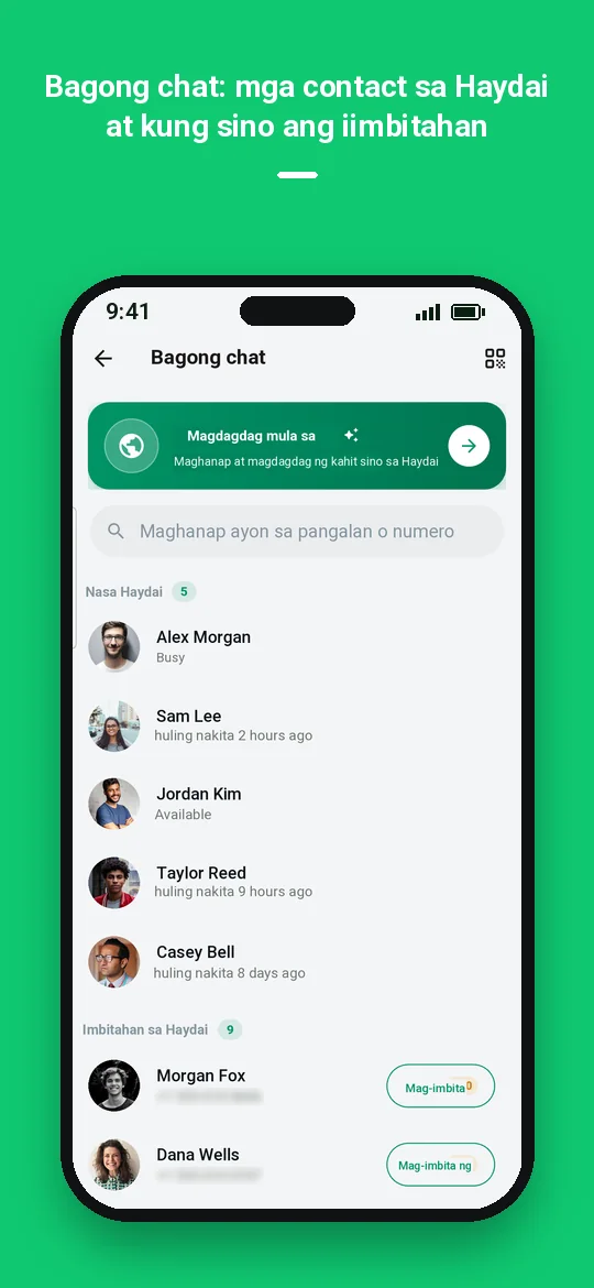 Bagong chat: mga contact sa Haydai at kung sino ang iimbitahan — Haydai