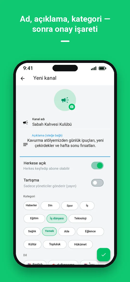 Ad, açıklama, kategori — sonra onay işareti — Haydai