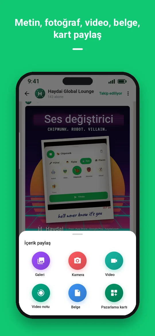 Metin, fotoğraf, video, belge, kart paylaş — Haydai