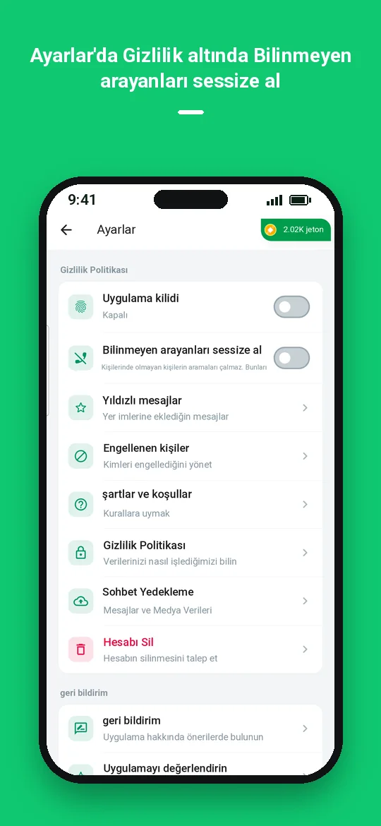 Ayarlar'da Gizlilik altında Bilinmeyen arayanları sessize al — Haydai