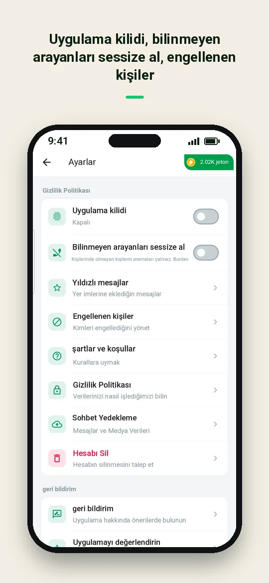 Uygulama kilidi, bilinmeyen arayanları sessize al, engellenen kişiler — Haydai