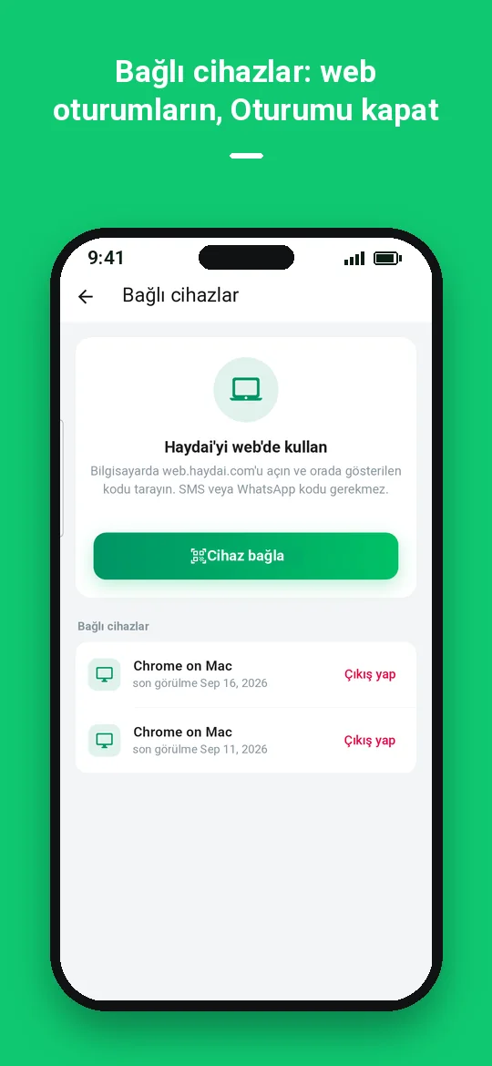 Bağlı cihazlar: web oturumların, Oturumu kapat — Haydai