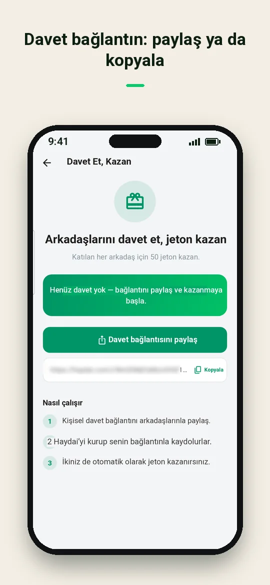 Davet bağlantın: paylaş ya da kopyala — Haydai