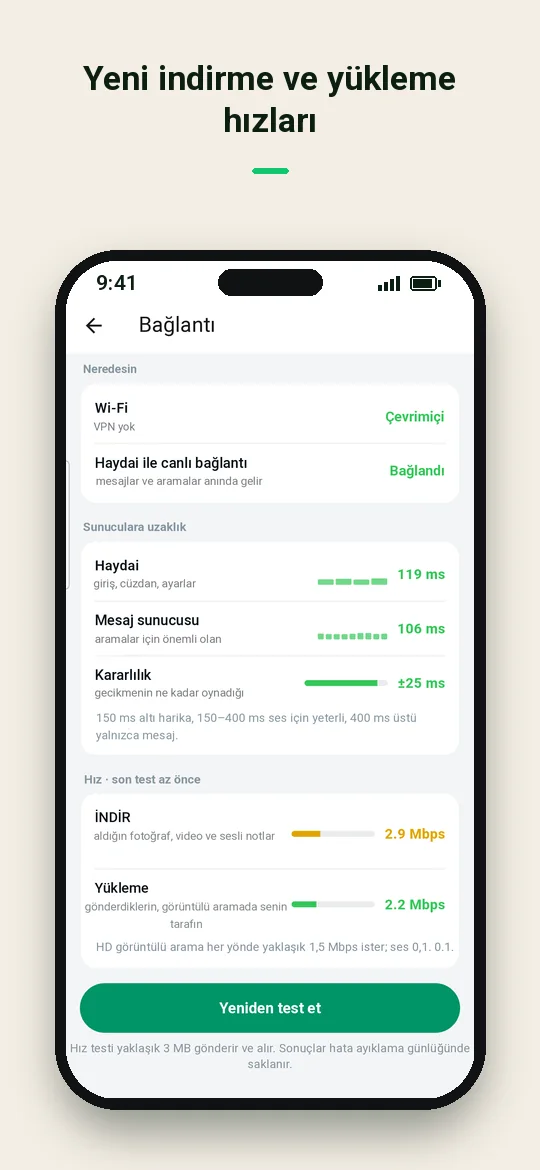 Yeni indirme ve yükleme hızları — Haydai
