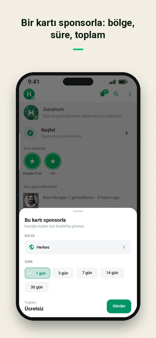Bir kartı sponsorla: bölge, süre, toplam — Haydai