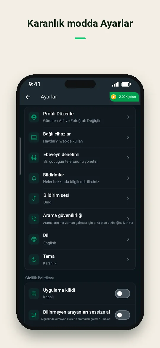 Karanlık modda Ayarlar — Haydai