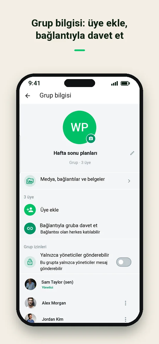 Grup bilgisi: üye ekle, bağlantıyla davet et — Haydai