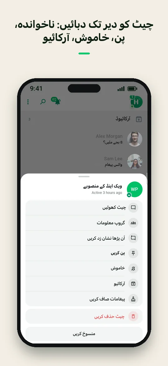 چیٹ کو دیر تک دبائیں: ناخواندہ، پن، خاموش، آرکائیو — Haydai