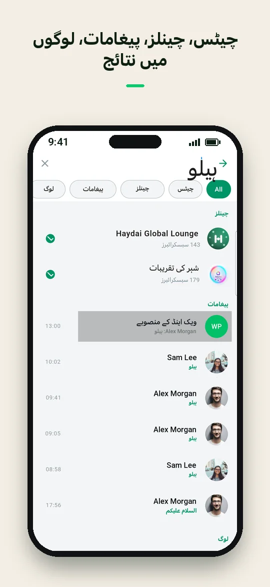 چیٹس، چینلز، پیغامات، لوگوں میں نتائج — Haydai