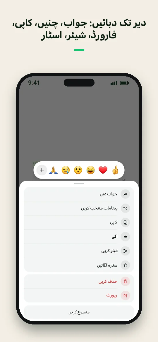 دیر تک دبائیں: جواب، چنیں، کاپی، فارورڈ، شیئر، اسٹار — Haydai