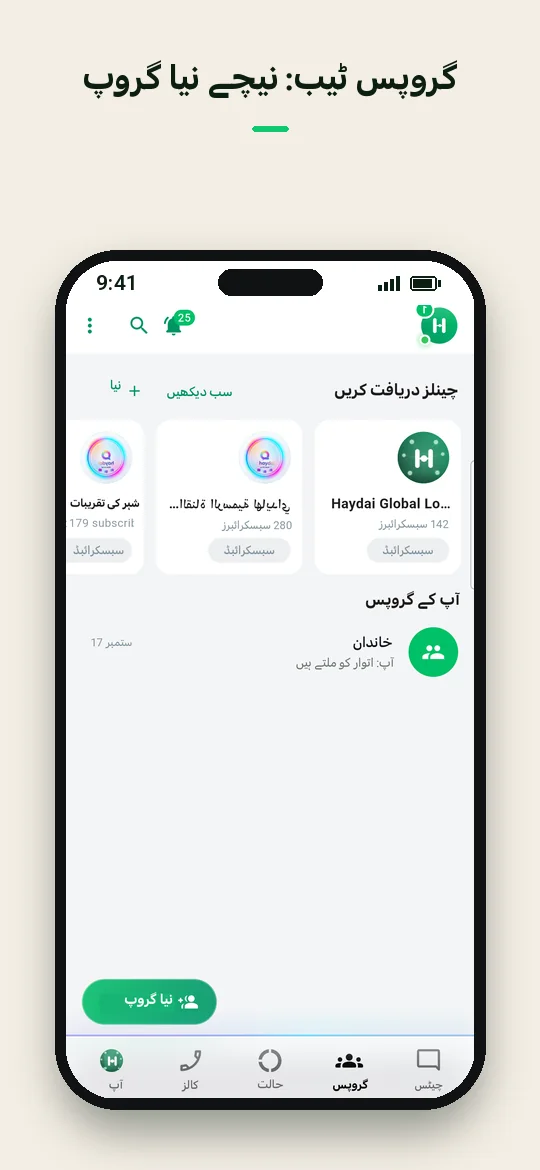 گروپس ٹیب: نیچے نیا گروپ — Haydai