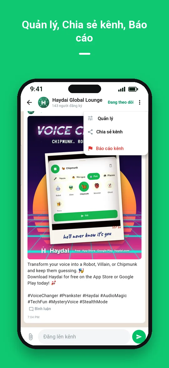 Quản lý, Chia sẻ kênh, Báo cáo — Haydai