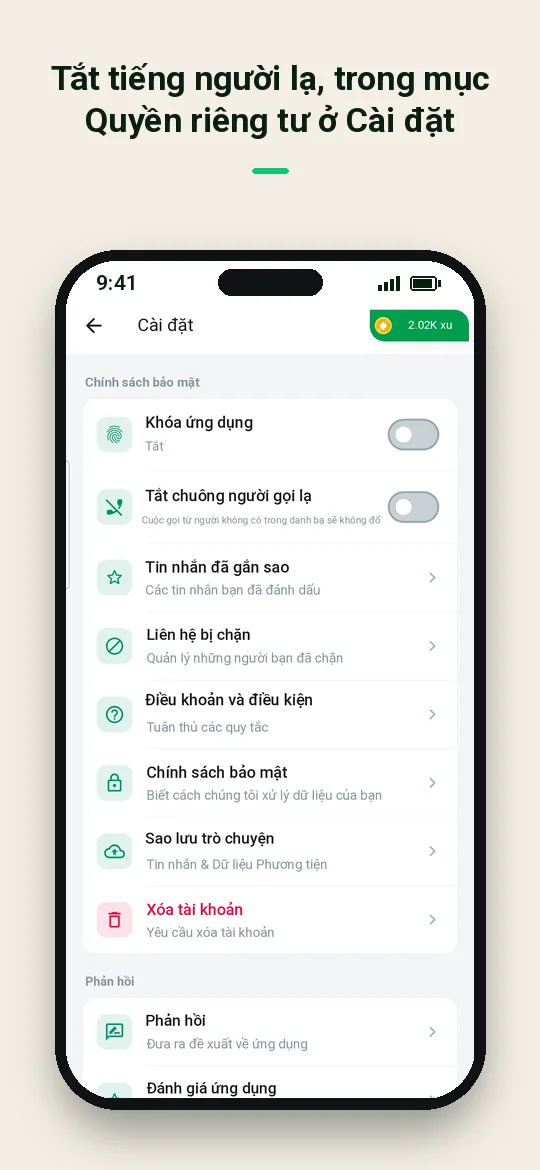 Tắt tiếng người lạ, trong mục Quyền riêng tư ở Cài đặt — Haydai