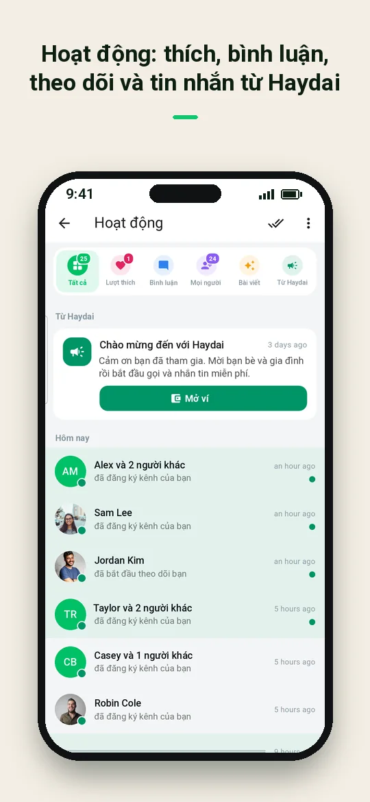 Hoạt động: thích, bình luận, theo dõi và tin nhắn từ Haydai — Haydai