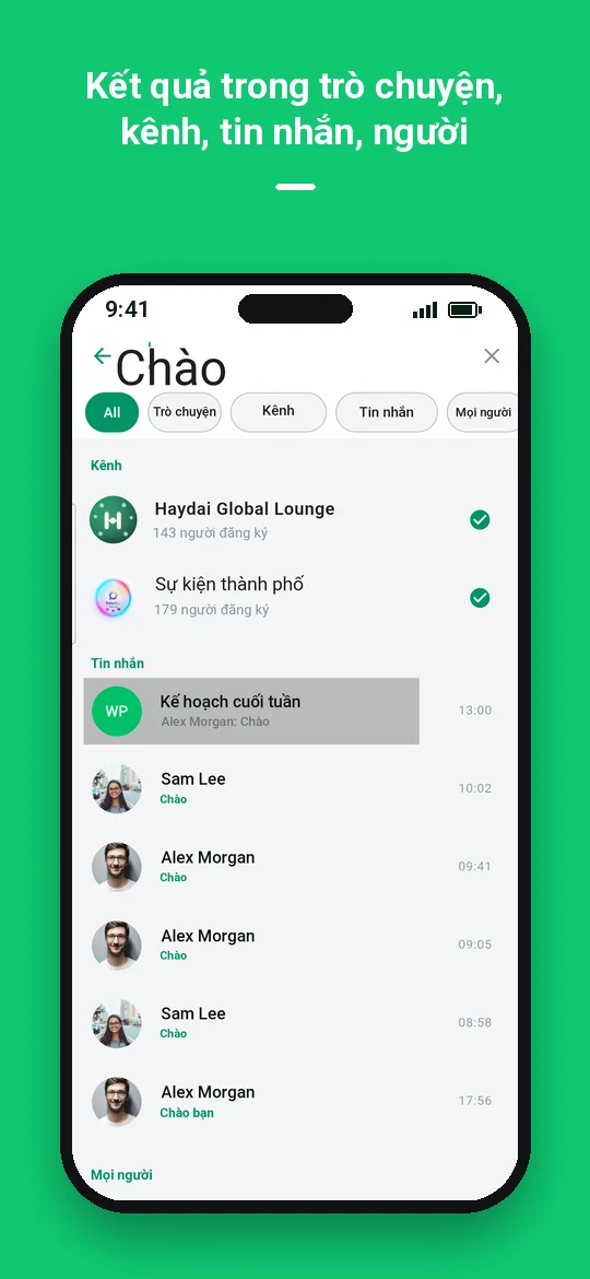 Kết quả trong trò chuyện, kênh, tin nhắn, người — Haydai