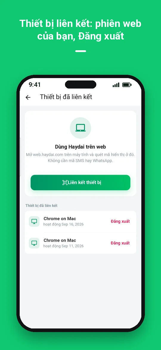 Thiết bị liên kết: phiên web của bạn, Đăng xuất — Haydai