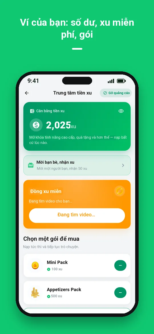 Ví của bạn: số dư, xu miễn phí, gói — Haydai