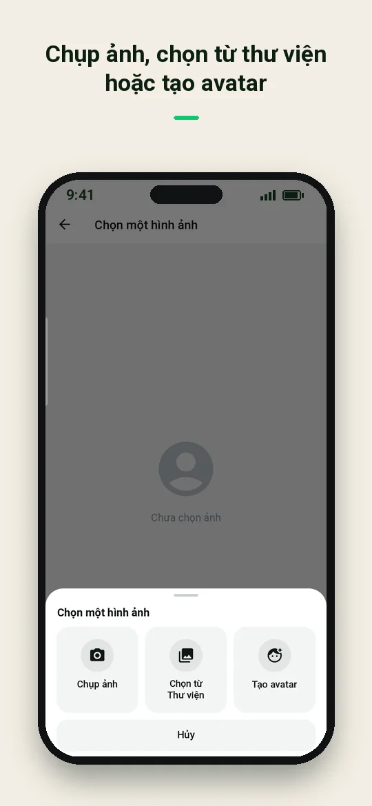 Chụp ảnh, chọn từ thư viện hoặc tạo avatar — Haydai