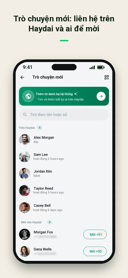 Trò chuyện mới: liên hệ trên Haydai và ai để mời — Haydai