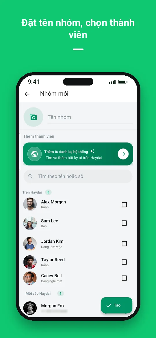 Đặt tên nhóm, chọn thành viên — Haydai