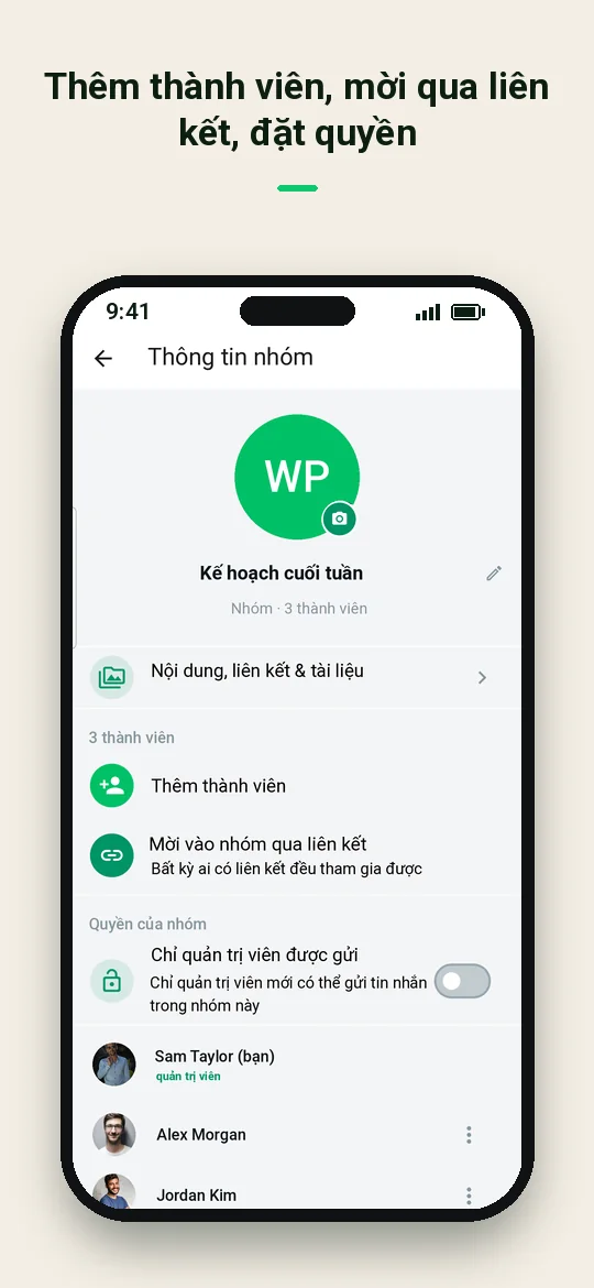 Thêm thành viên, mời qua liên kết, đặt quyền — Haydai