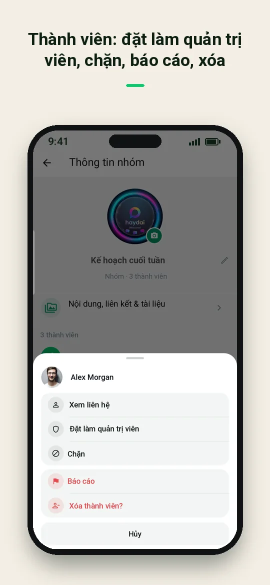 Thành viên: đặt làm quản trị viên, chặn, báo cáo, xóa — Haydai