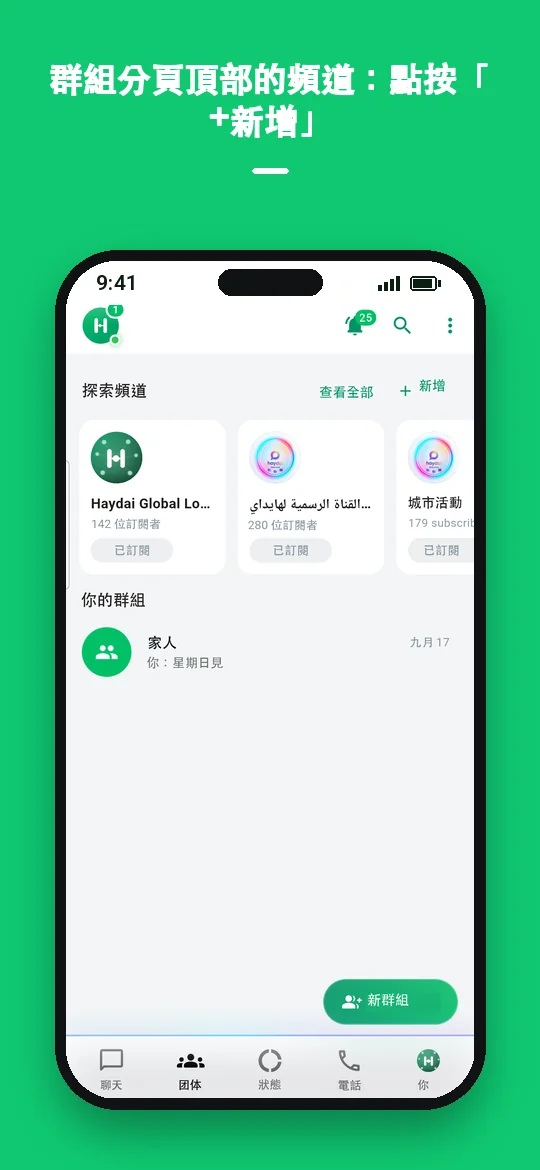群組分頁頂部的頻道：點按「+ 新增」 — Haydai