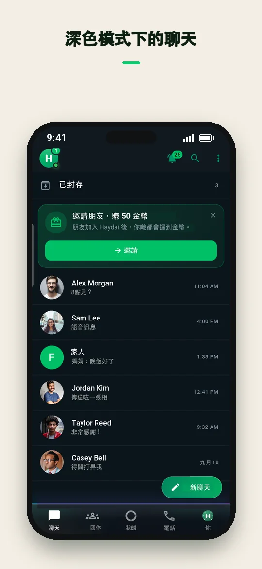 深色模式下的聊天 — Haydai