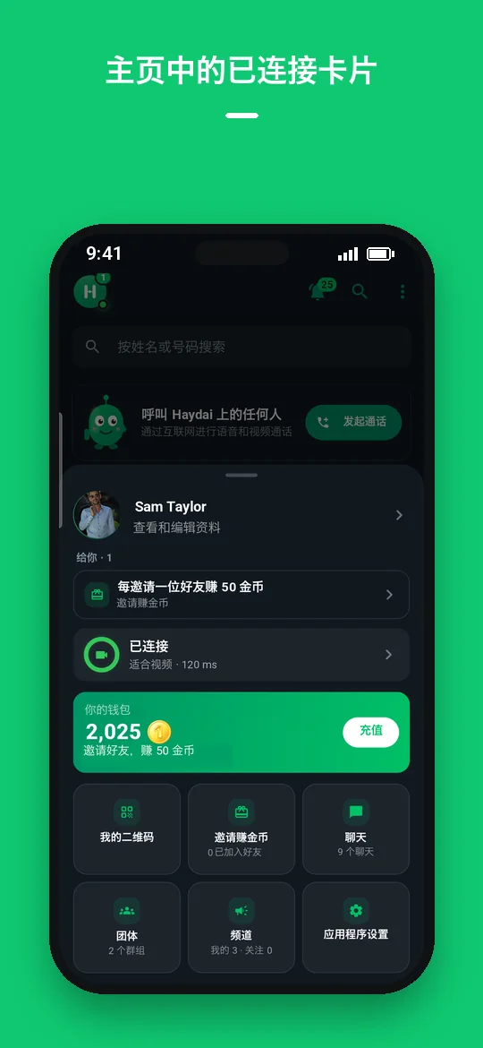 主页中的已连接卡片 — Haydai