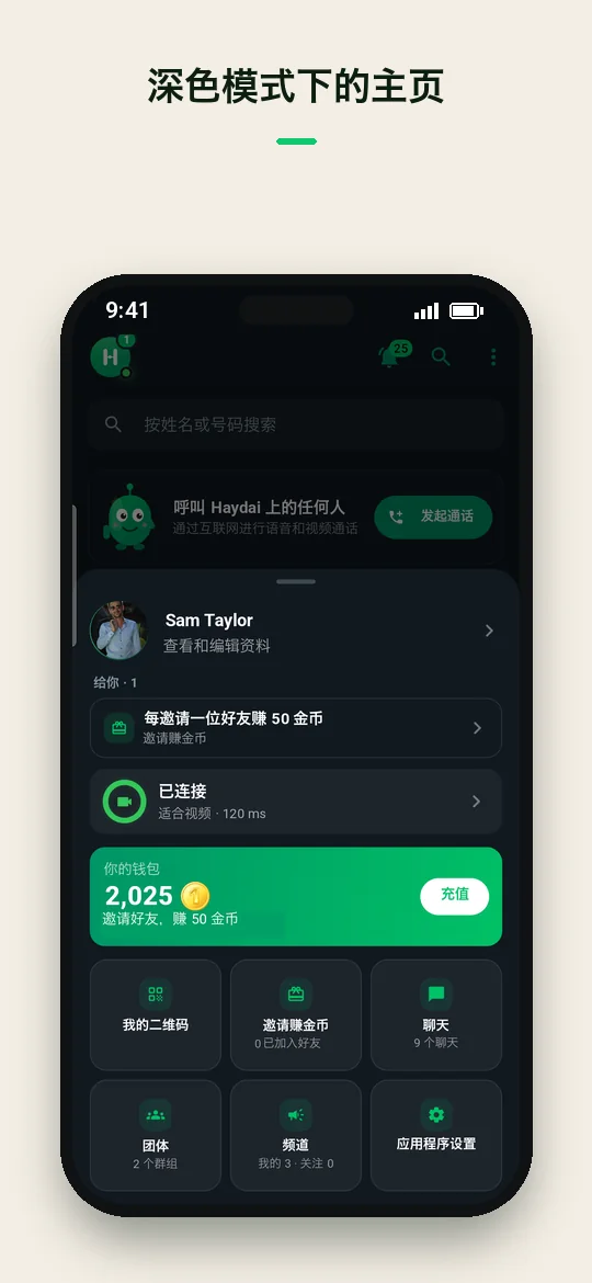 深色模式下的主页 — Haydai